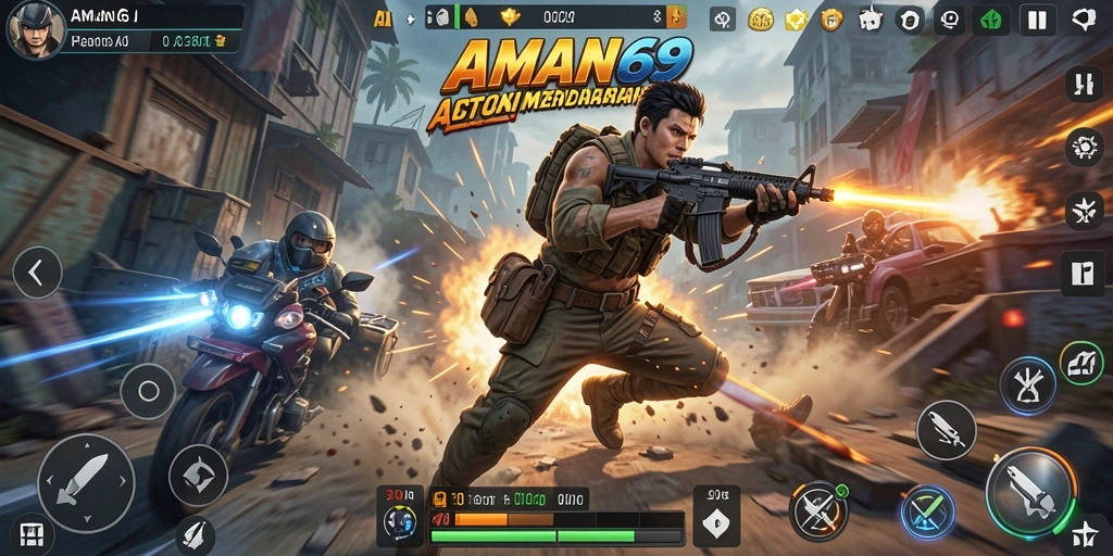 Gameplay aksi penuh ketegangan di AMAN69 yang seru.