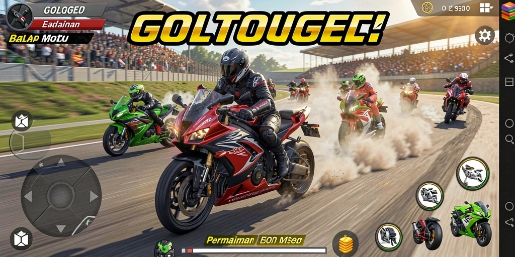 Screenshot GOLTOGEL menampilkan aksi balap motor yang mendebarkan.