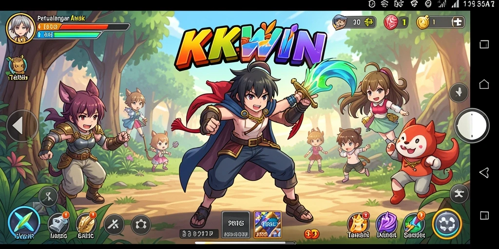 Screenshot KKWIN menampilkan aksi bertempur karakter anime yang menegangkan.