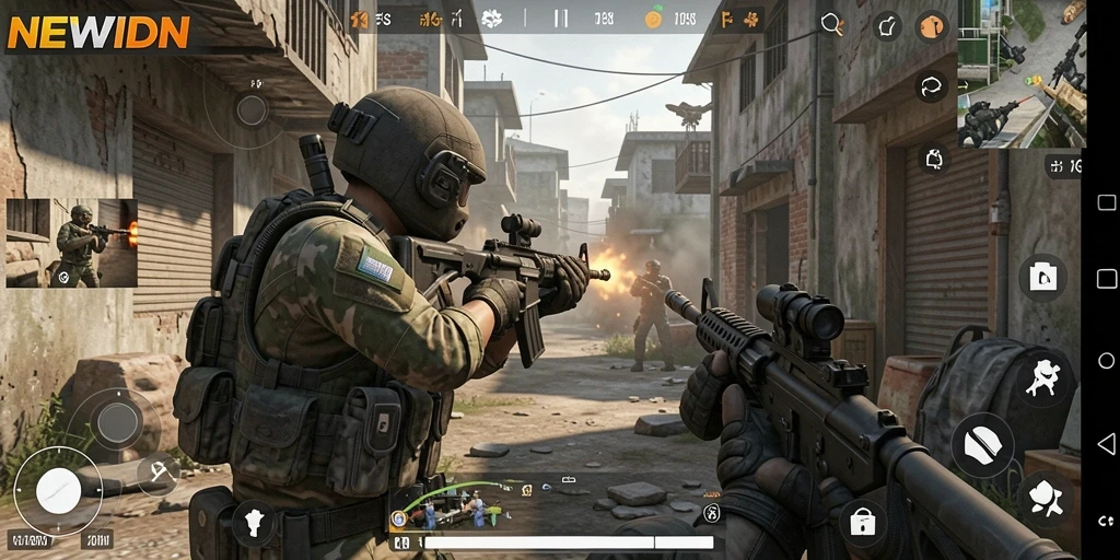 Tangkapan layar menunjukkan aksi intens dalam game FPS NEWIDN.