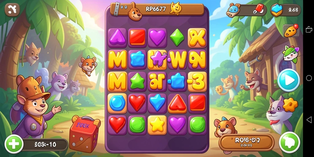 Screenshot RP6677 menunjukkan gameplay seru dalam mencocokkan permata.