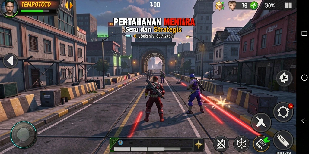 Screenshot menunjukkan strategi menara di TEMPOTOTO yang menegangkan.