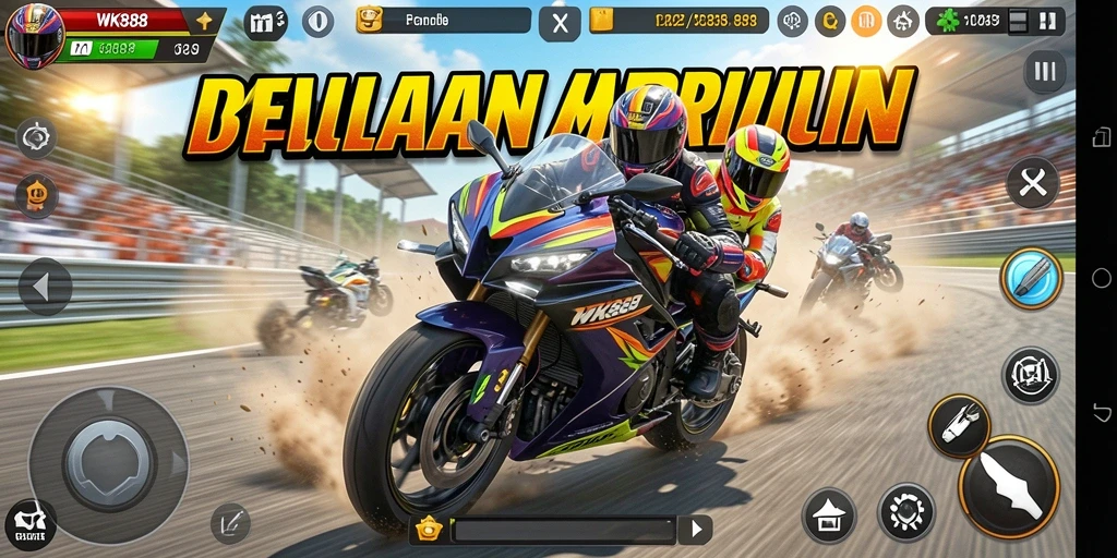 Screenshot gameplay WK888 yang menampilkan aksi balapan motor yang mendebarkan.
